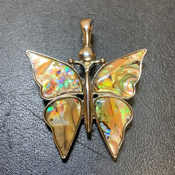 Green Abalone Butterfly Pendant Necklace With Popcorn Chain & Matching Earrings - Jewelry Set - View #3